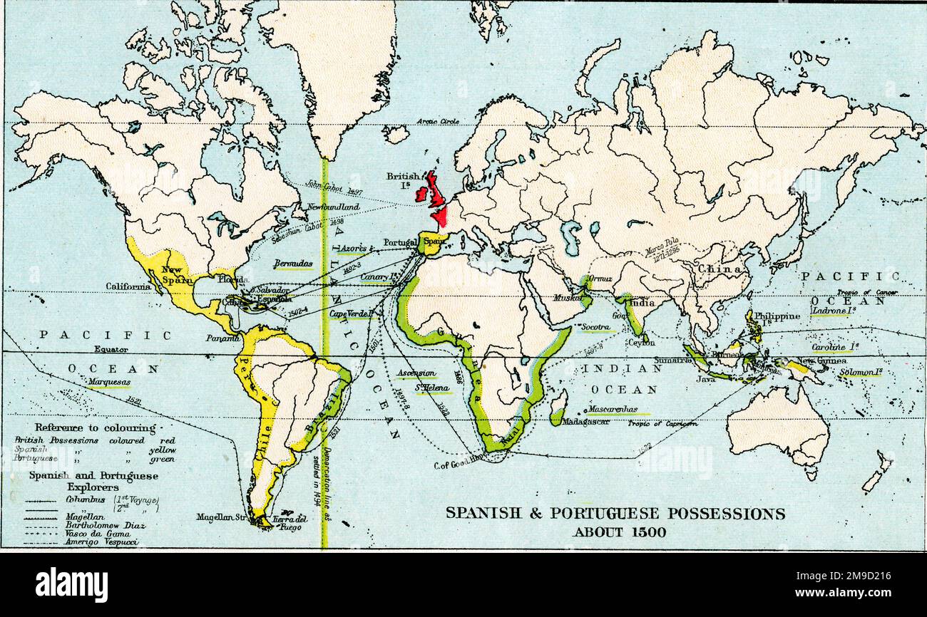 Map Of World - Mercator Projection - Spanish Or Portugese Possessions In 1500 Stock Photo