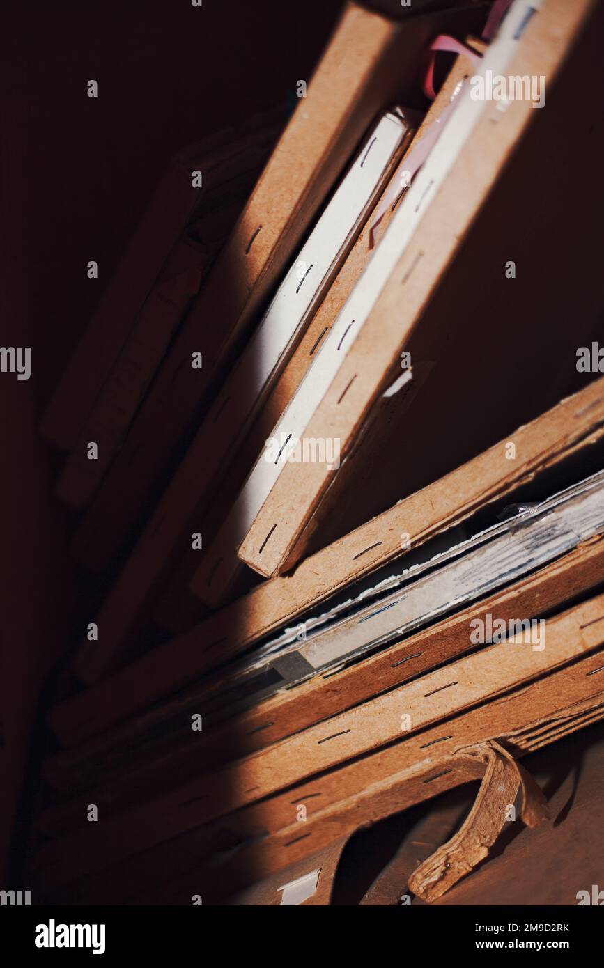 tape boxes on shelves . Archive of old records Stock Photo Alamy