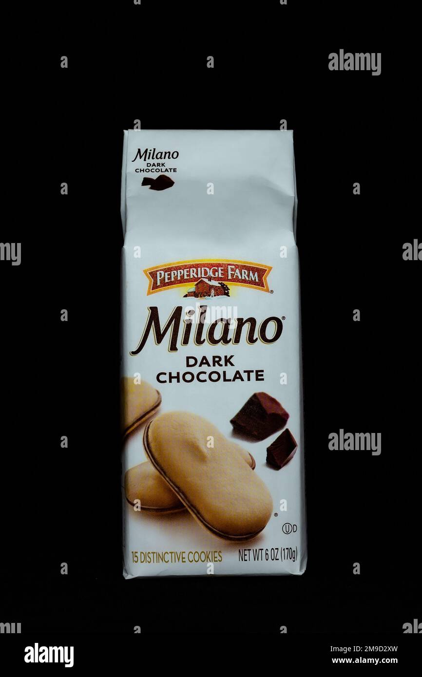 A bag of Pepperidge Farm Milano cookies with dark chocolate isolated on a black background Stock Photo