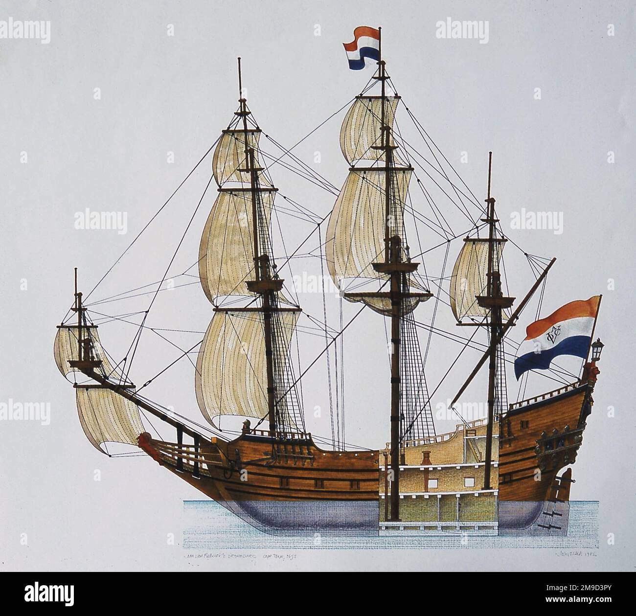 Dromedaris, armed merchantman of Dutch East India Company, commanded by Jan van Riebeeck, who sailed it to Table Bay, hoisted the Dutch flag and founded South Africa, 1652. Stock Photo