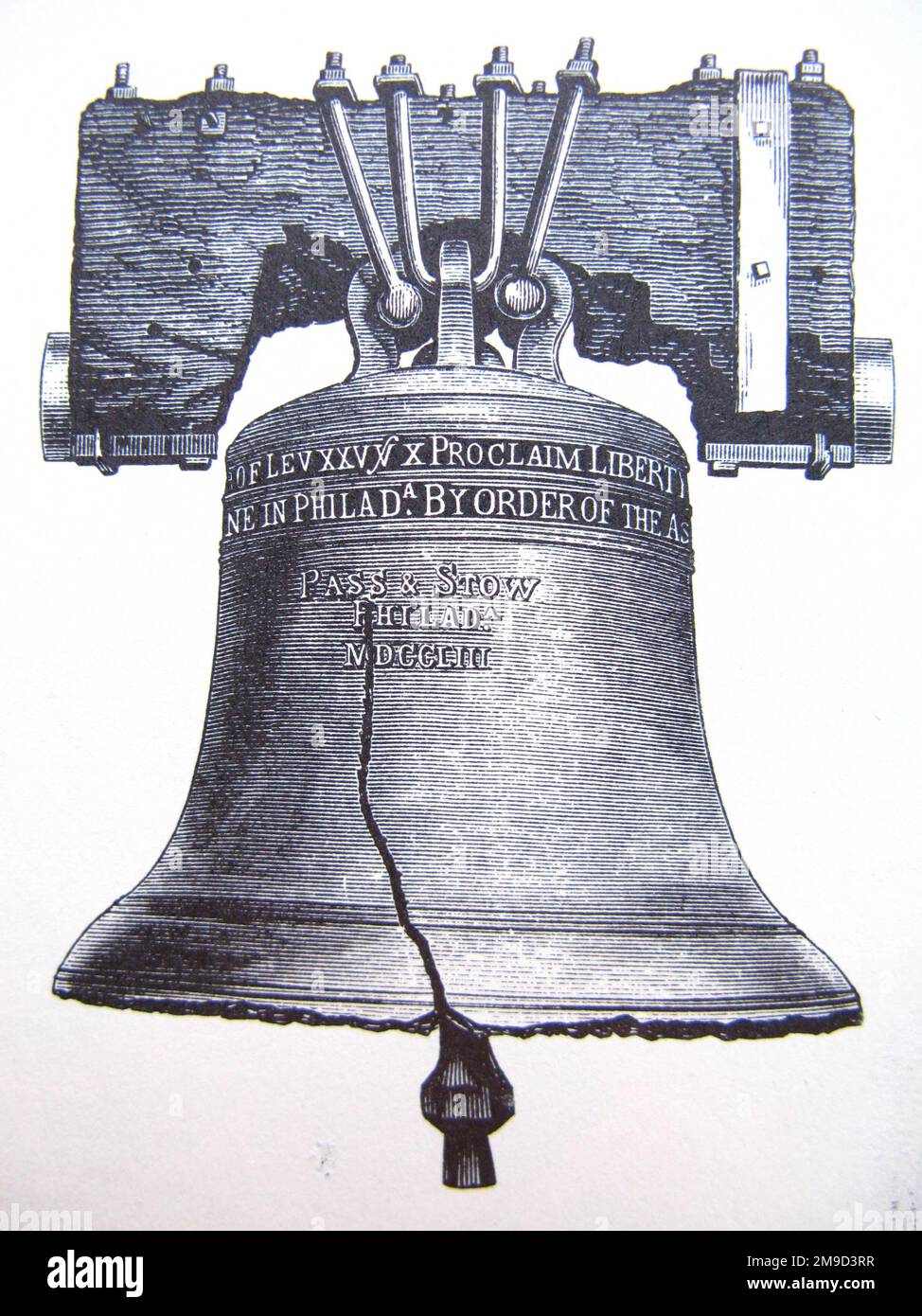 Liberty Bell, Philadelphia. Famously symbolising America, it is dated 1753. The Biblical text reads 'Proclaim Liberty throughout all the Land unto all the Inhabitants Thereof'. In 1776 it was rung to celebrate Independence. The bell was cast in London but cracked on its first trial. It was re-cast in Philadelphia but cracked again in 1835. Stock Photo