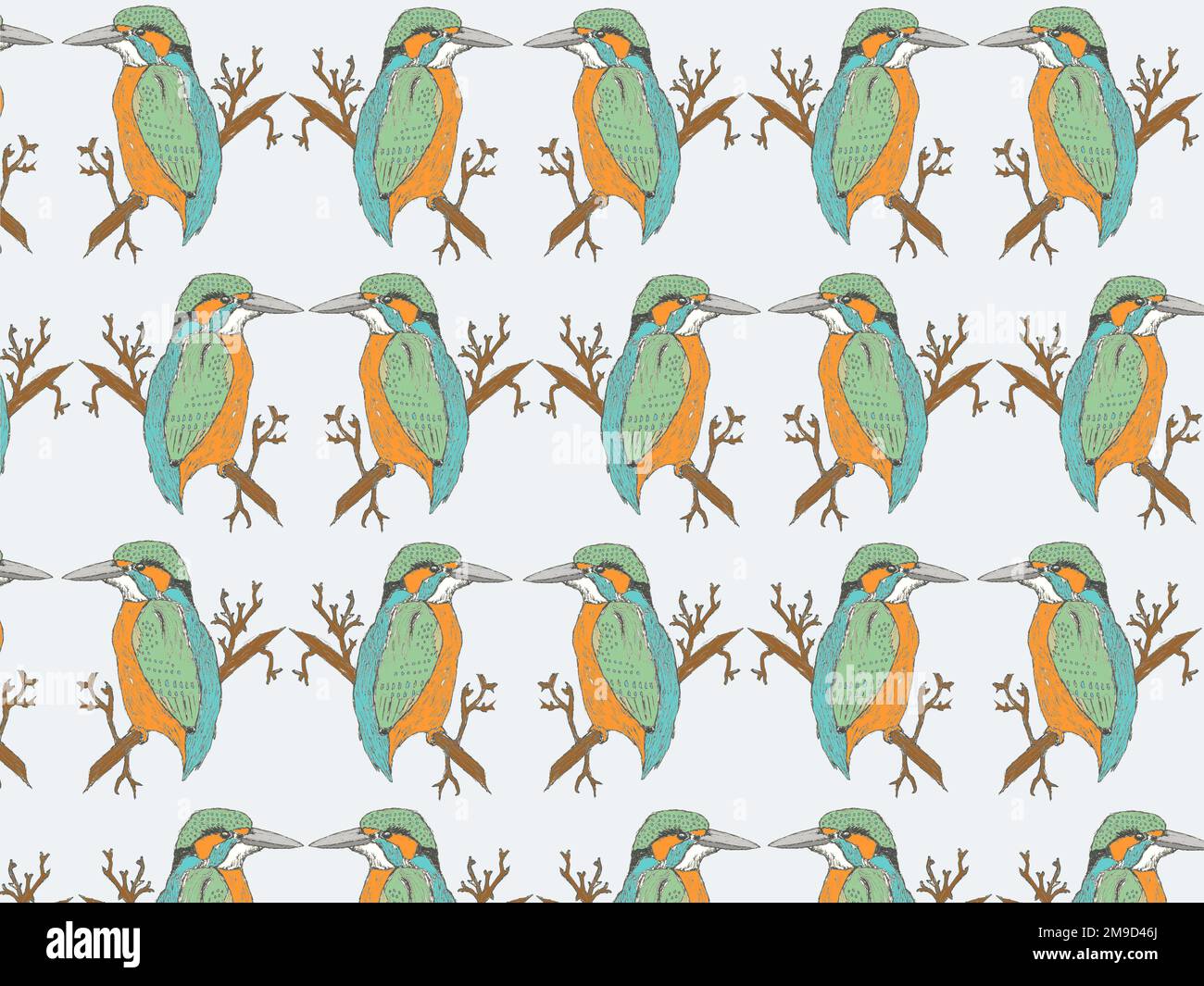 Kingfisher on a branch repeating pattern. Stock Photo