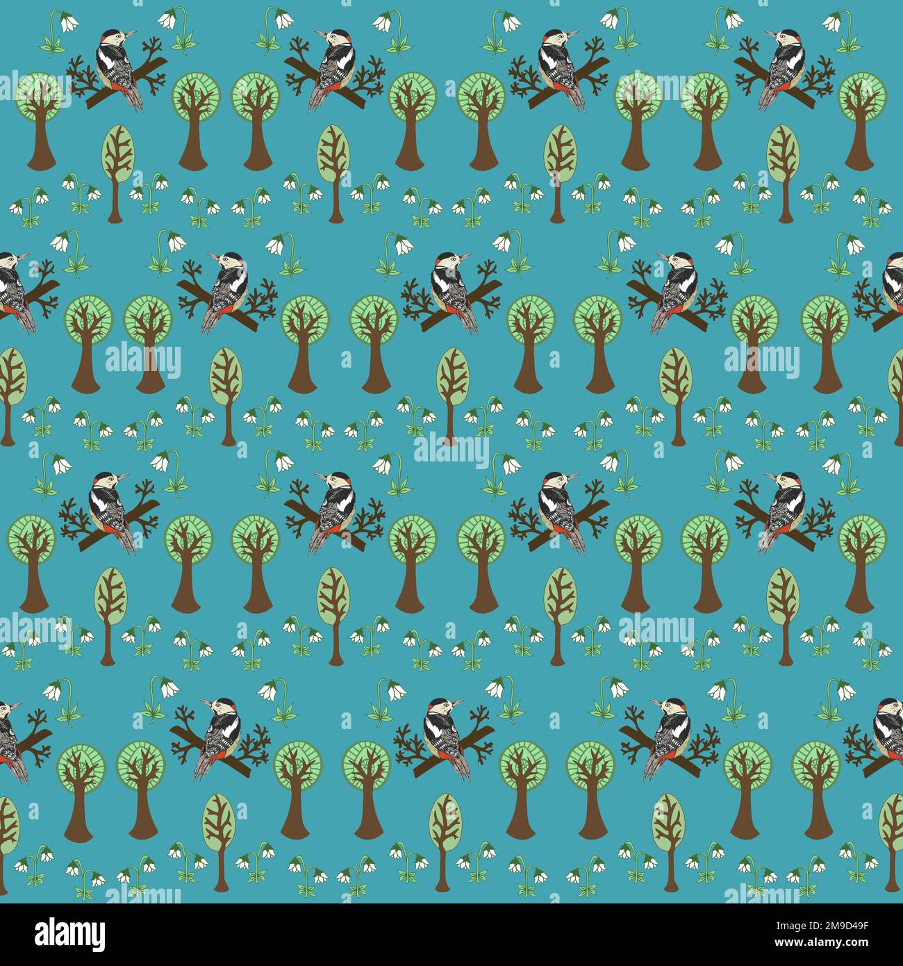 Woodpeckers in forest repeating pattern. Stock Photo