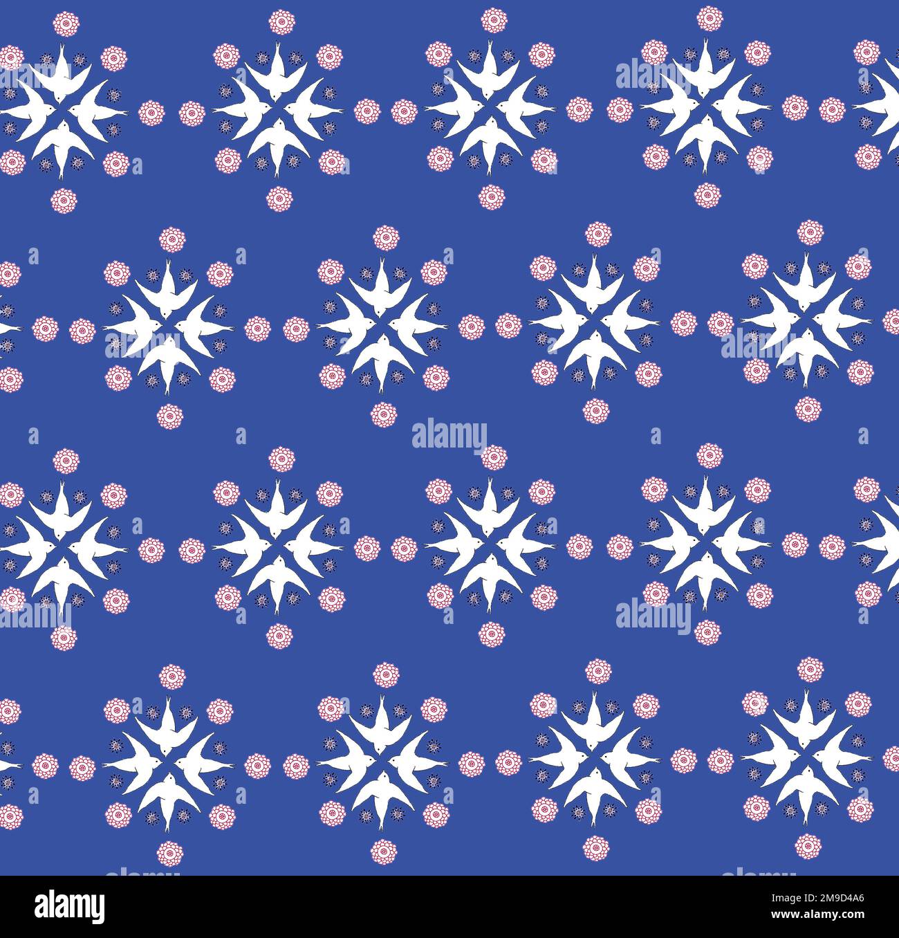 A repeating pattern featuring swifts and florals. Stock Photo