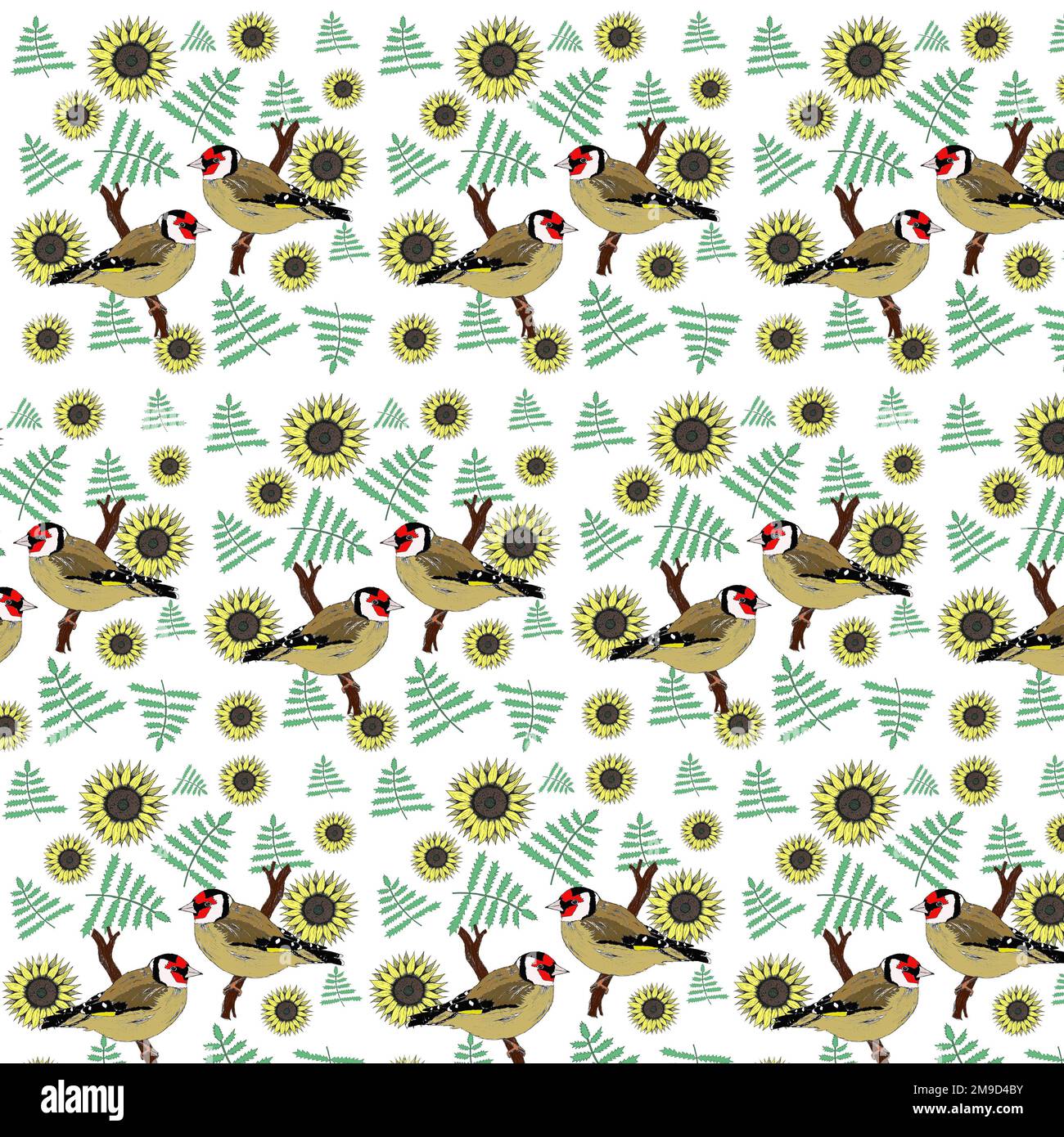 A repeating pattern featuring goldfinches on a branch, leaves and sunflowers. Stock Photo