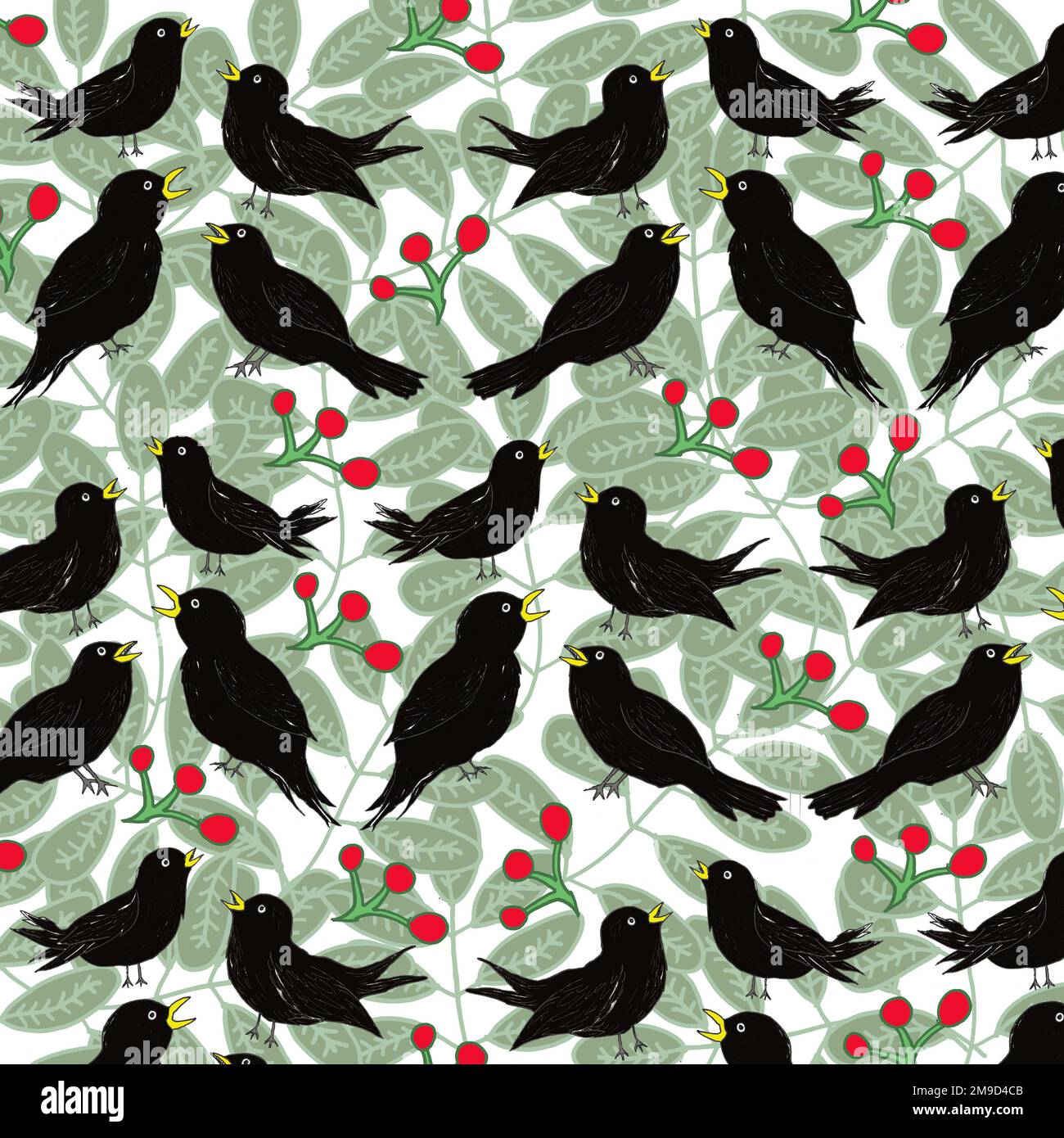 Blackbirds amongst leaves and berries. Stock Photo