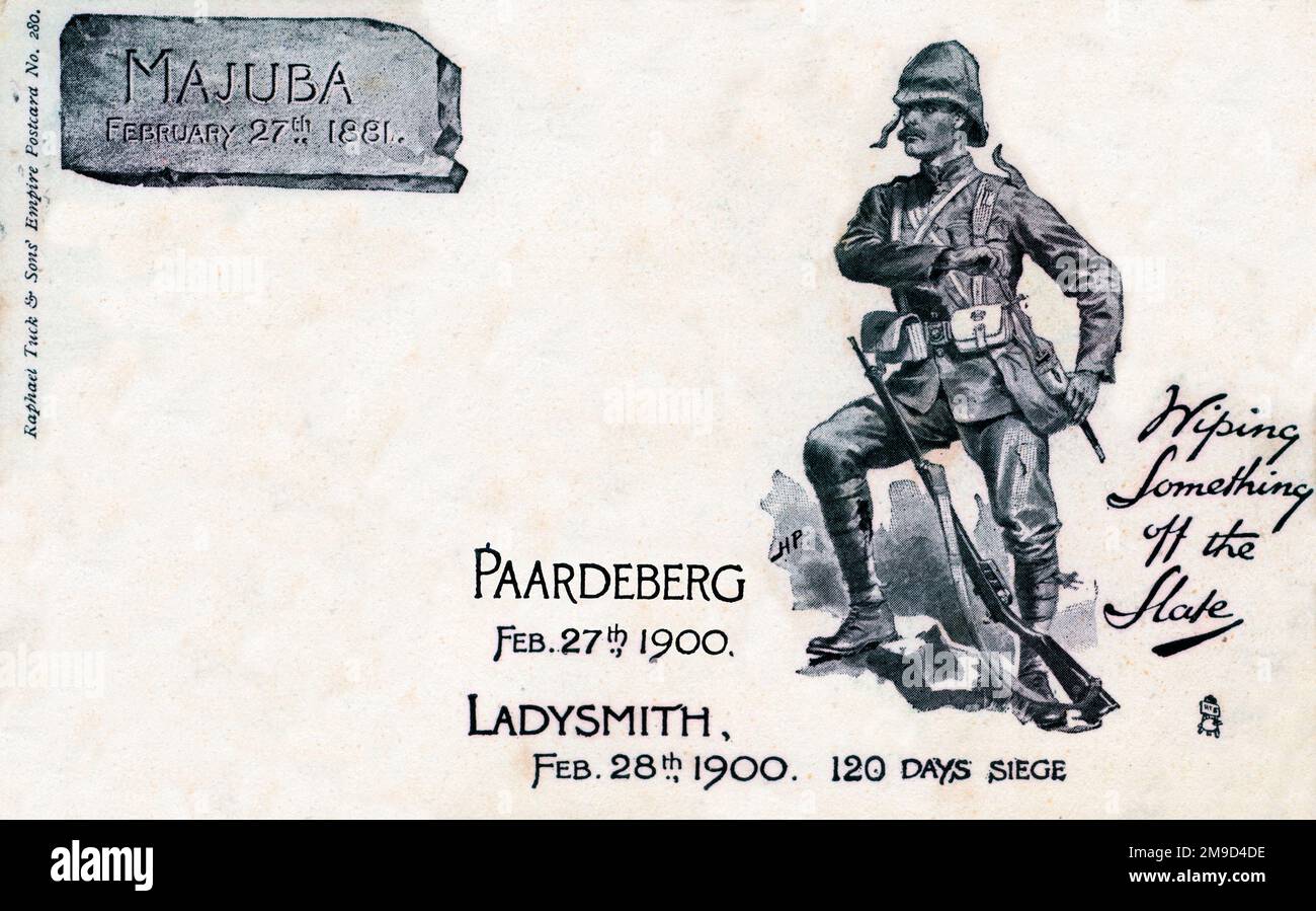 Postcard shows a dramatic figure of a British soldier in a triumphal pose celebrating the lifting of the 120 days siege of Ladysmith. It is titled as 'Wiping Something off the Slate' in reference to the defeat at Majuba nine years earlier. Boer War. Stock Photo