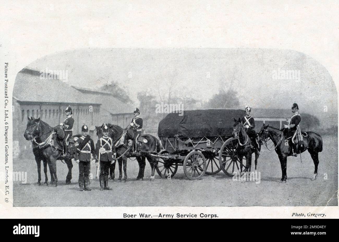 The fighting soldier has to be supported by many other 'back room' soldiers. How many depends upon the campaign but estimates vary from 2 to 20. These soldiers form the Supply Column which would be composed of wagons like the one seen here. Boer War. Stock Photo