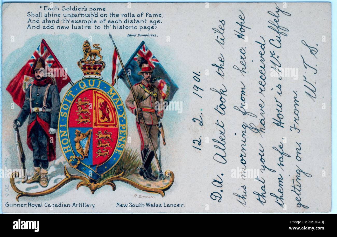 This is a splendid image. The two soldiers stand either side of the Royal Coat of Arms and at the top is a quotation from poet David Humphries. The soldiers are from the Royal Canadian Artillery and New South Wales Lancers. Boer War. Stock Photo