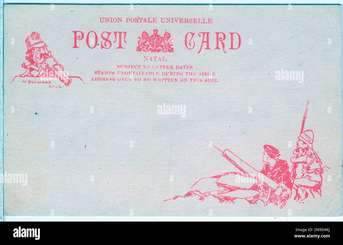 One side of the line-drawn card shows a Boer soldier,  with the Long Tom cannon, looking down from Bulwana Hill at a British soldier and sailor returning fire. On the other side is a simple map of the battlefleld. A printed message on the card says 'Stamps unavailable during the Siege'. Stock Photo