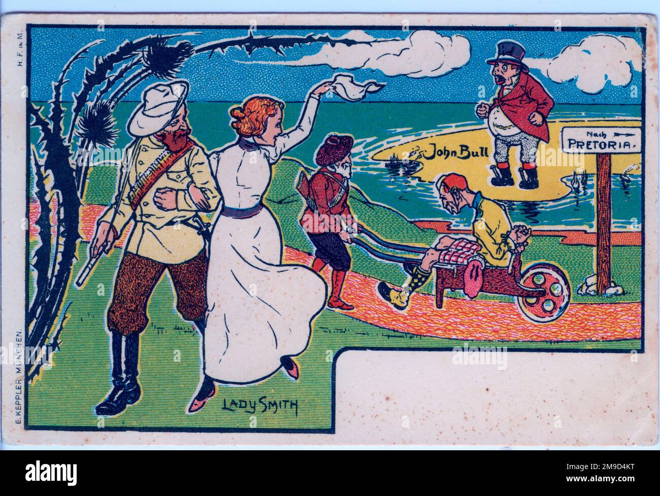 Lady Smith (an obvious reference to the siege) is waving goodbye to John Bull while a tied British soldier (for some reason around this time British soldiers were often shown with kilts) is being trundled off in a wheel-barrow. Stock Photo