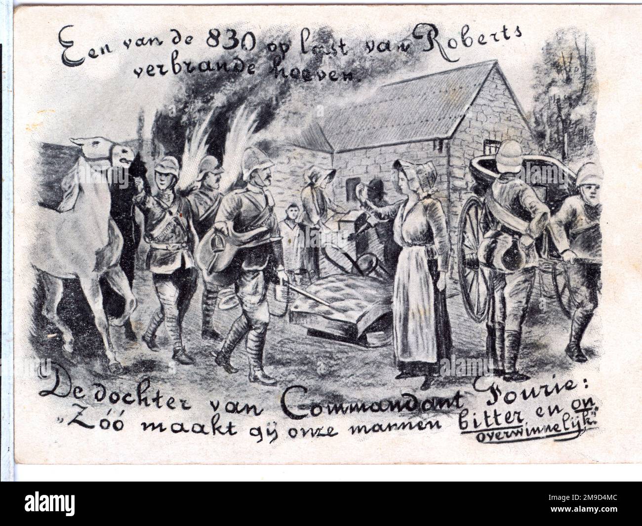 The card shows '830' British soldiers led by an officer with sword in hand facing a Boer lady named as the daughter of Commandant Fourie. Stock Photo