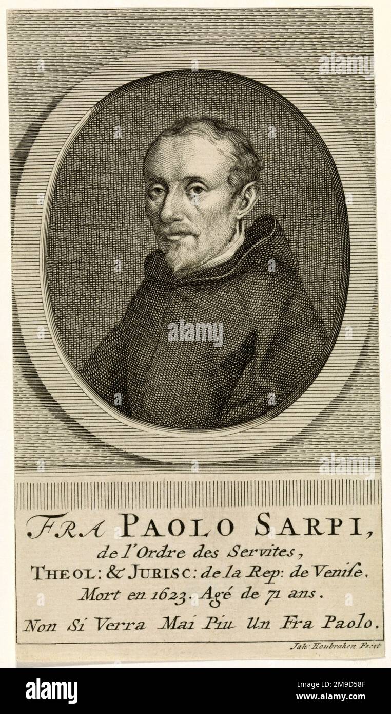 1600 ca, Venice , ITALY : The italian politician , historian and teologist Frà PAOLO SARPI ( 1552 - 1623 ). Portrait engraved by Jacobus Houbraken ( Jakob , 1698 - 1780 ) in Holland . - HISTORY - FOTO STORICHE - POLITICO - POLITICA - POLITIC - TEOLOGO - TEOLOGIA - THEOLOGY - THEOLOGIAN - STORICO - STORICISTA - foto storiche - foto storica - portrait - religioso - RELIGIONE - Frate - CATTOLICA - CATHOLIC RELIGION - prelato - prete - priest - portrait - ritratto - illustrazione - incisione  - engraving - Roman Catholic Church  --- Archivio GBB Stock Photo