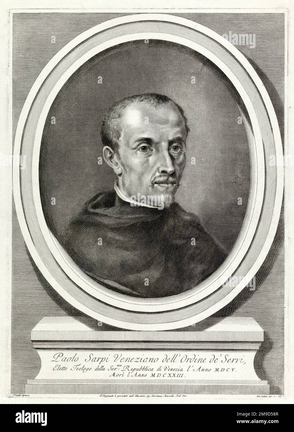 1600 ca, Venice , ITALY : The italian politician , historian and teologist Frà PAOLO SARPI ( 1552 - 1623 ). Portrait engraved by Giovanni Cattini from the original work by painter Tinelli ( XVIII century ). - HISTORY - FOTO STORICHE - POLITICO - POLITICA - POLITIC - TEOLOGO - TEOLOGIA - THEOLOGY - THEOLOGIAN - STORICO - STORICISTA - foto storiche - foto storica - portrait - religioso - RELIGIONE - Frate - CATTOLICA - CATHOLIC RELIGION - prelato - prete - priest - portrait - ritratto - illustrazione - incisione  - engraving - Roman Catholic Church  --- Archivio GBB Stock Photo