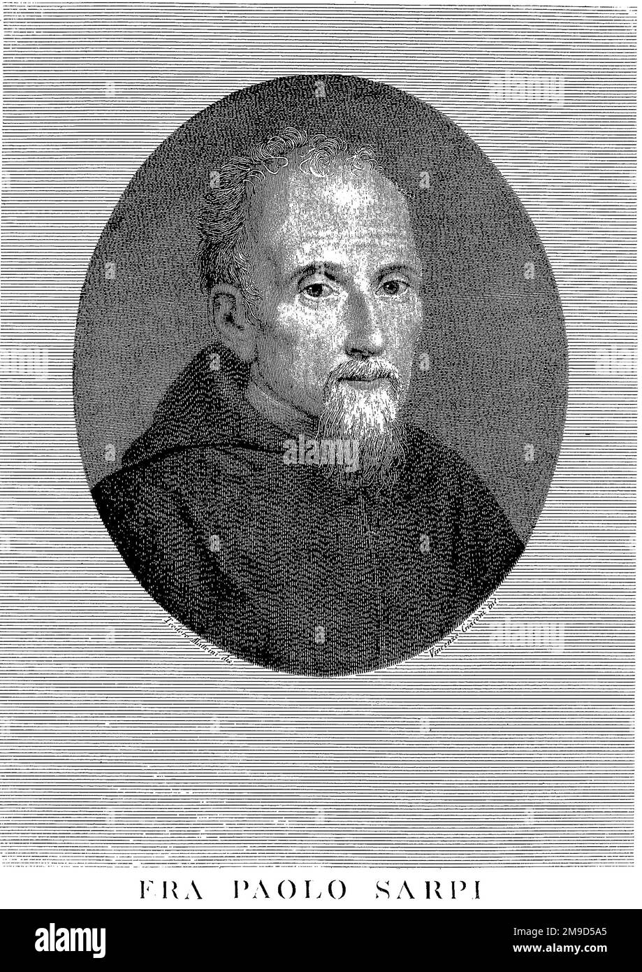 1600 ca, Venice , ITALY : The italian politician , historian and teologist Frà PAOLO SARPI ( 1552 - 1623 ). Portrait engraved by Vincenzo Giaconi , from the original work by Teodoro Matterini, XIX Century. - HISTORY - FOTO STORICHE - POLITICO - POLITICA - POLITIC - TEOLOGO - TEOLOGIA - THEOLOGY - THEOLOGIAN - STORICO - STORICISTA - foto storiche - fot?o storica - portrait - religioso - RELIGIONE - Frate - CATTOLICA - CATHOLIC RELIGION - prelato - prete - priest - portrait - ritratto - illustrazione - incisione  - engraving - Roman Catholic Church  --- Archivio GBB Stock Photo