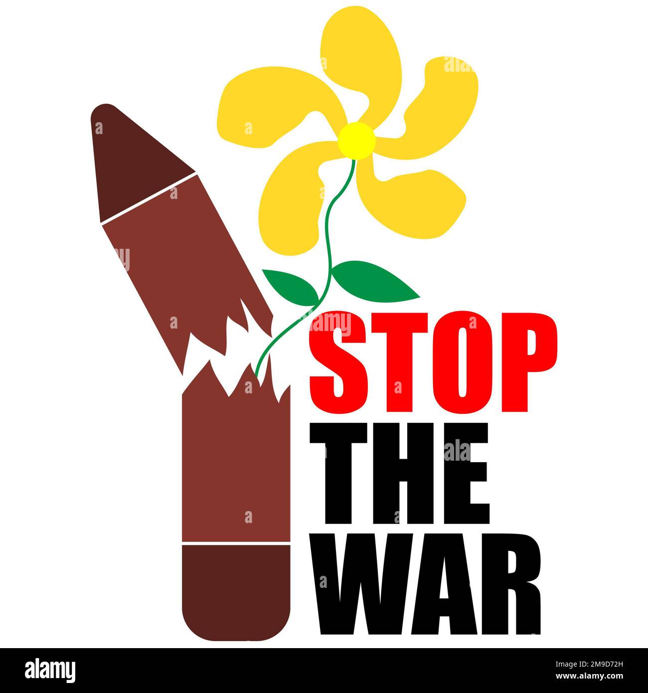 Stop the war sign, with a yellow flower of friendship broke the bullet, protest for wars poster and banner, stop the war illustration Stock Photo