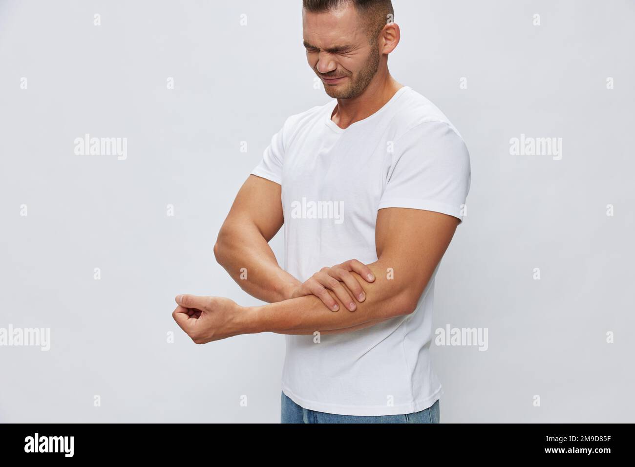 Man arm pain, muscle and ligament sprain in sports, inflammation and