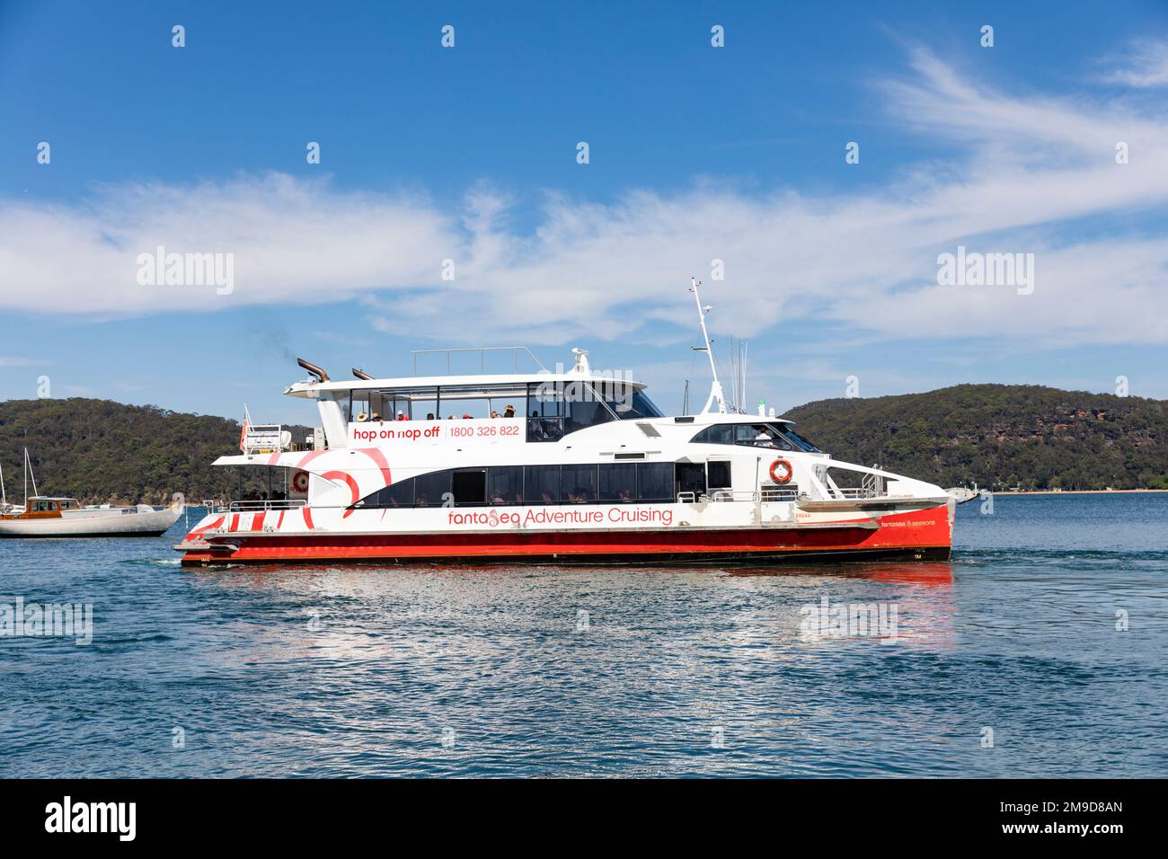 Pittwater Sydney Australia, ferry vessel boat leaves Palm beach heading to Central coast,Sydney,Australia Stock Photo
