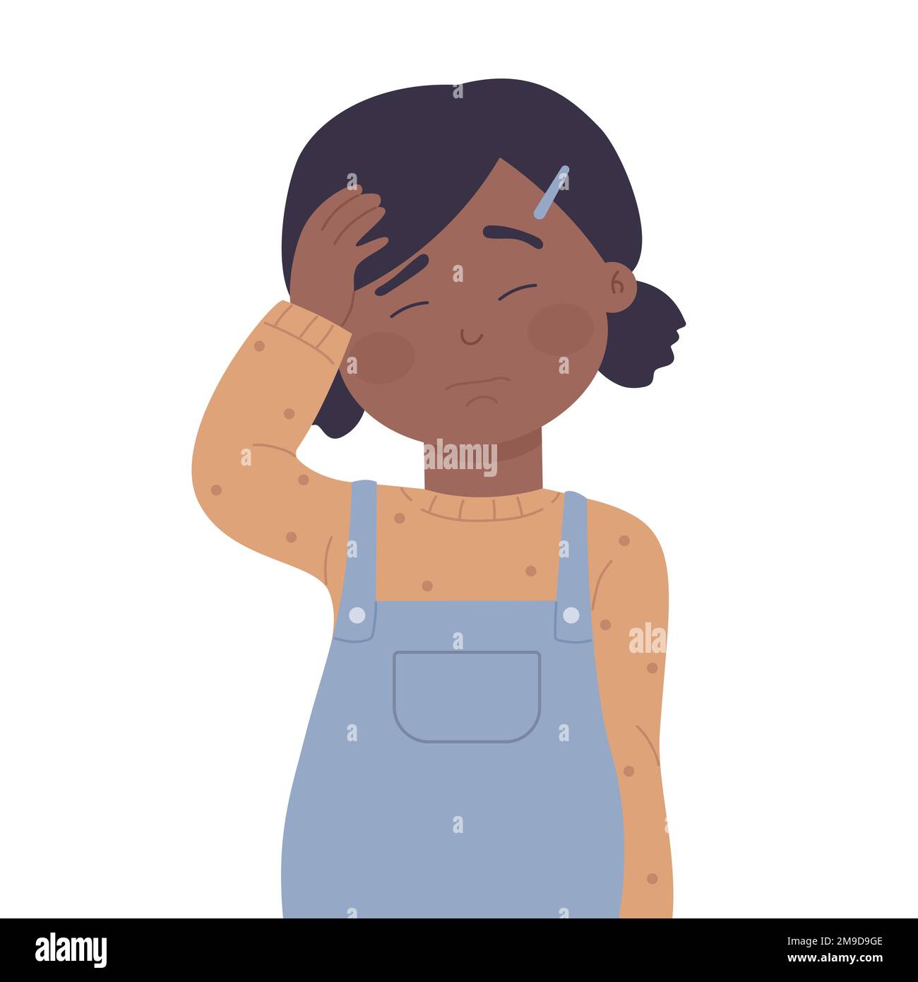 Little child with headache. Cold fever symptom, kid suffering from flu