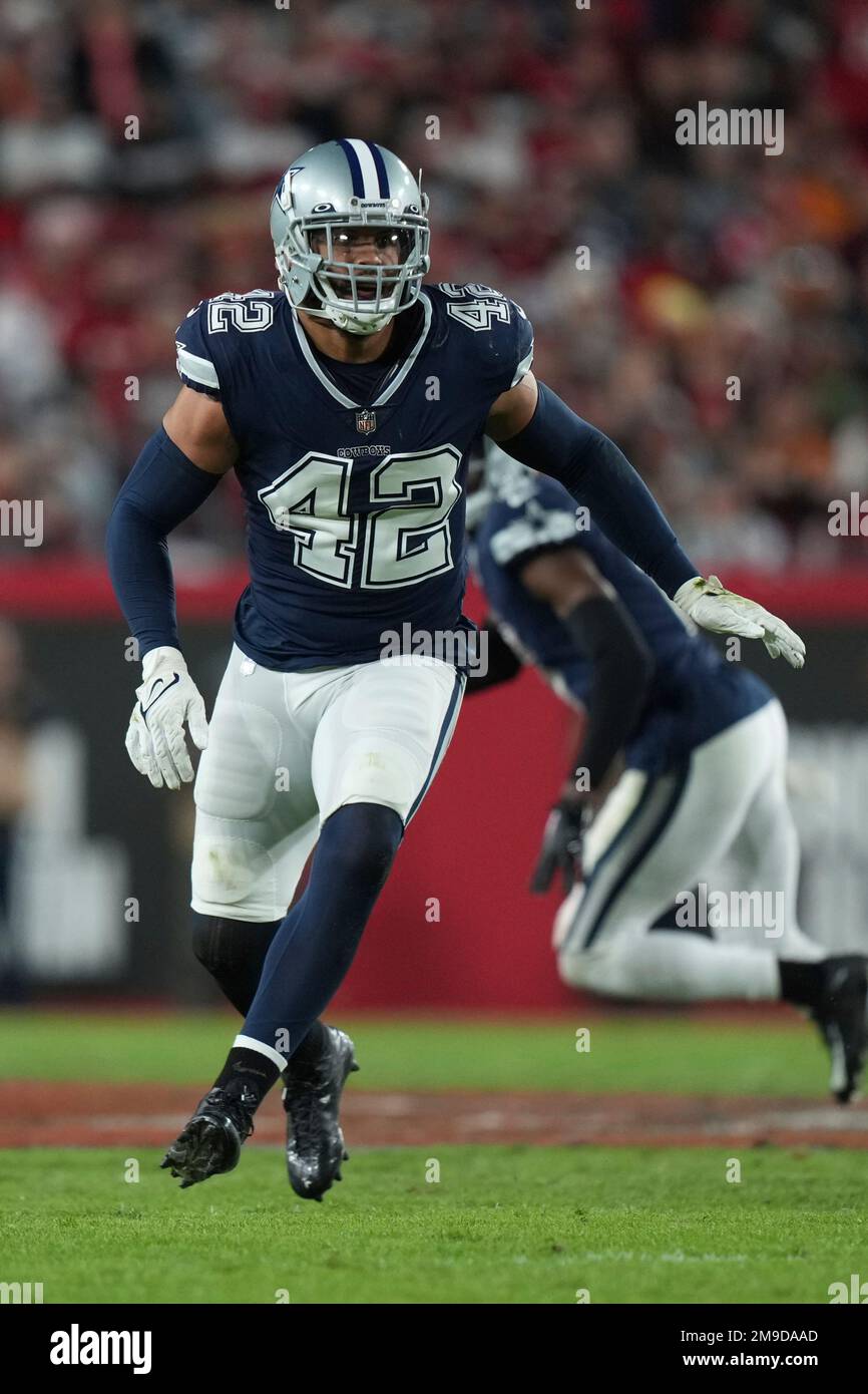 Dallas Cowboys linebacker Anthony Barr (42) defends just beyond the line of  scrimmage as he shadows the movements of the passer during an NFL wild-card  football game against the Tampa Bay Buccaneers,