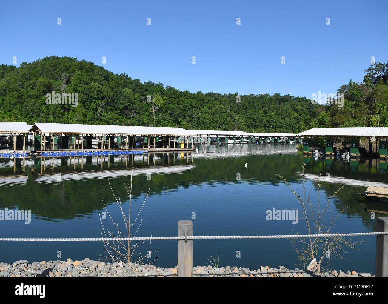 Clear skies and calm waters at the MarinaRowena boat docks in Albany