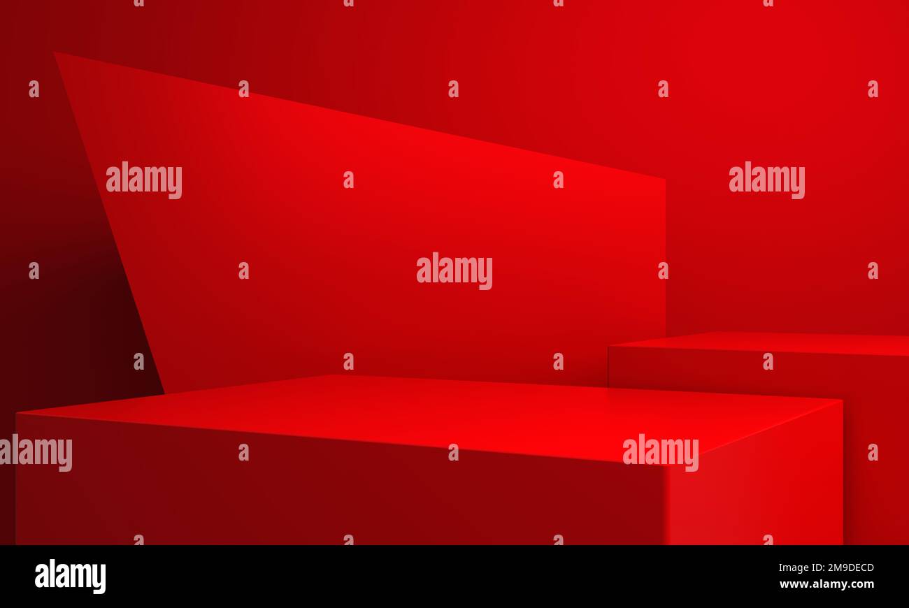 3d rendering of red abstract geometric background. Scene for advertising, technology, showcase, banner, cosmetic, fashion, business, sport, metaverse Stock Photo