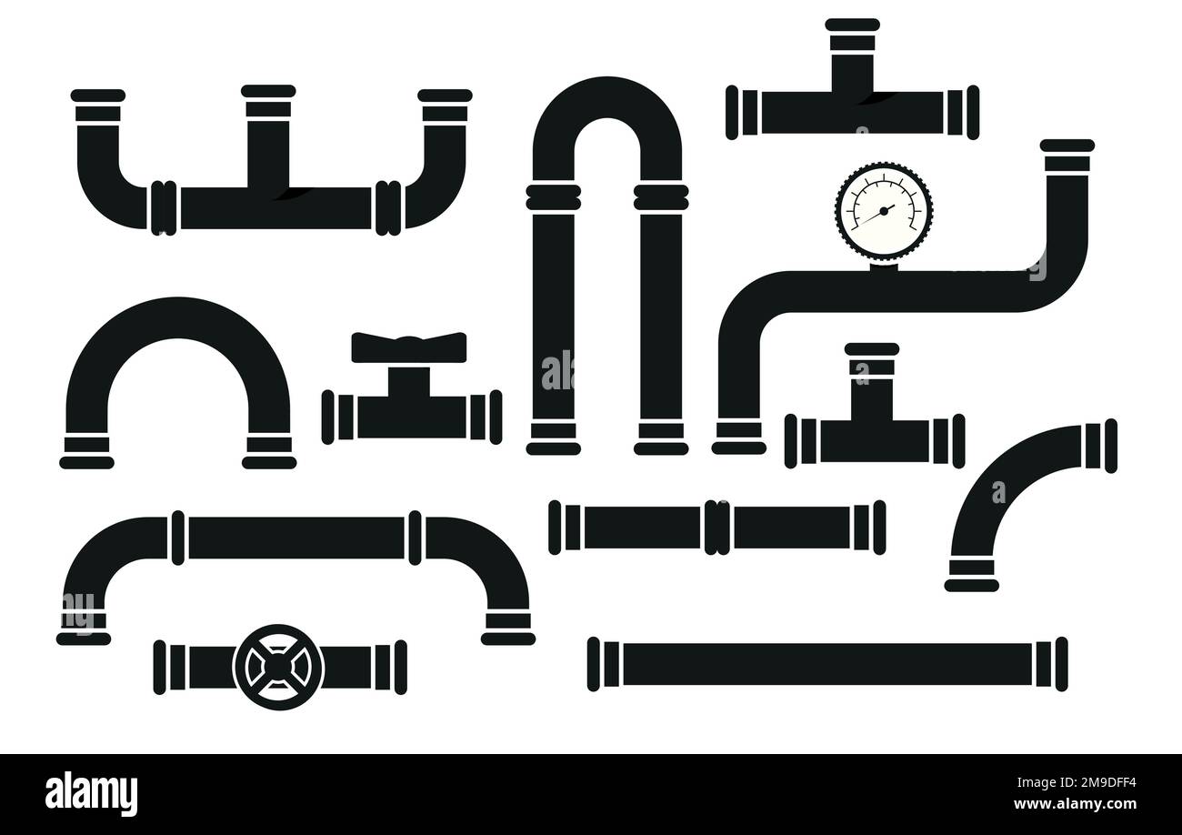 Pipe fittings vector icons set. Tube industry, construction pipeline, drain system, vector illustration. Eps 10 Stock Vector
