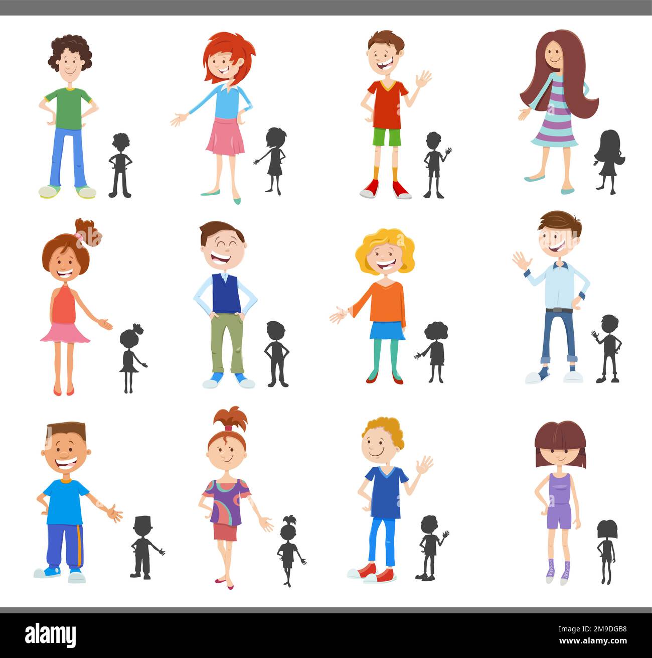Cartoon illustration of happy children and teenagers comic characters with silhouettes set Stock Vector