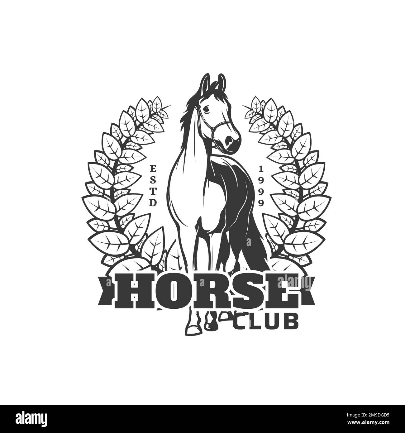 Equestrian sport club icon. Horse ridding competition or derby monochrome vector retro symbol, horseback equestrian hippodrome race vintage emblem with courser or steed horse and laurel wreath Stock Vector