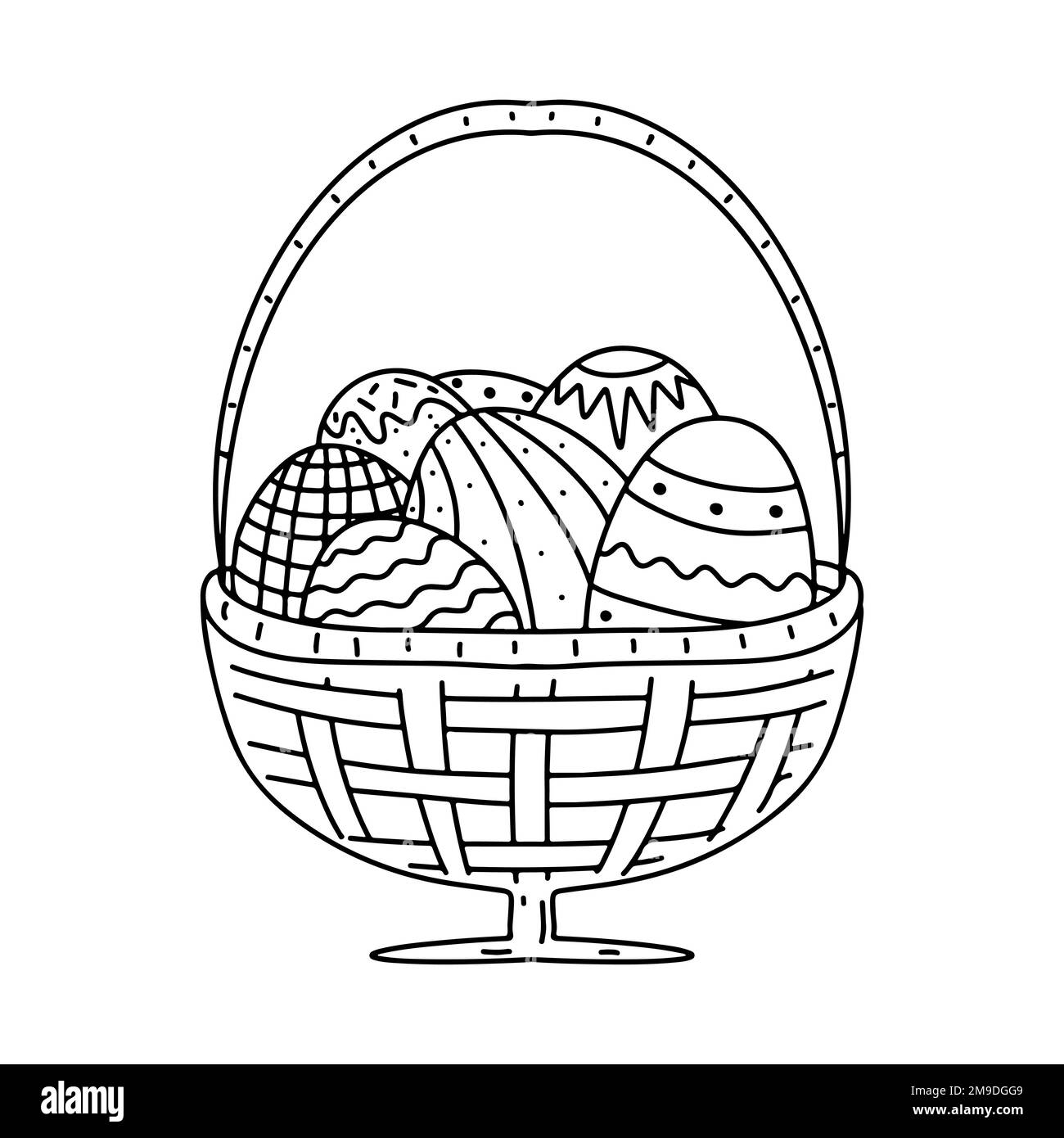 Happy Easter eggs in basket in hand drawn doodle style. Vector