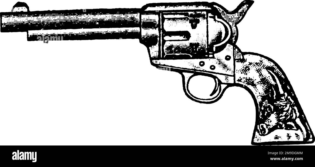 Cowboy 6-Shooter, Colt Revolver With Pearl Handle Bull Design, Vintage Engraving. Old engraved illustration of a Colt Revolver With Pearl Handle Bull Stock Vector