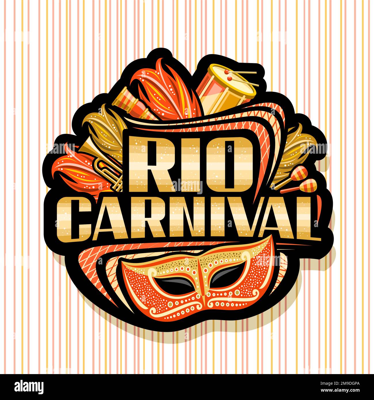 Vector logo for Rio Carnival, dark decorative label with illustration of orange venice mask, street musical instruments, carnival feathers, yellow let Stock Vector
