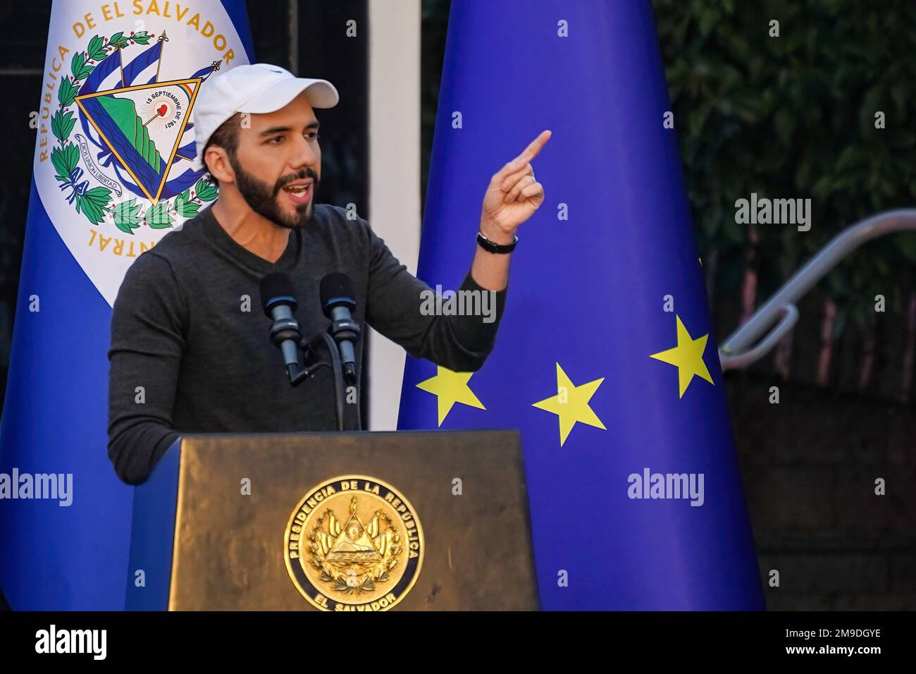 Salvadoran President Nayib Bukele gestures while speaking during the ...