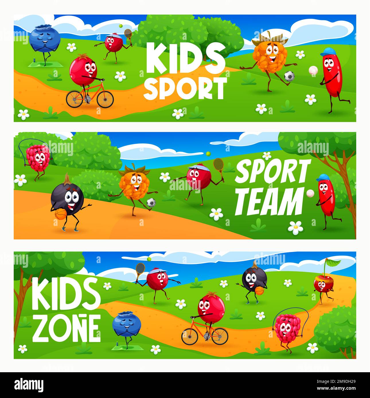 Kids sport zone cartoon cheerful berry characters on sport zone. Vector