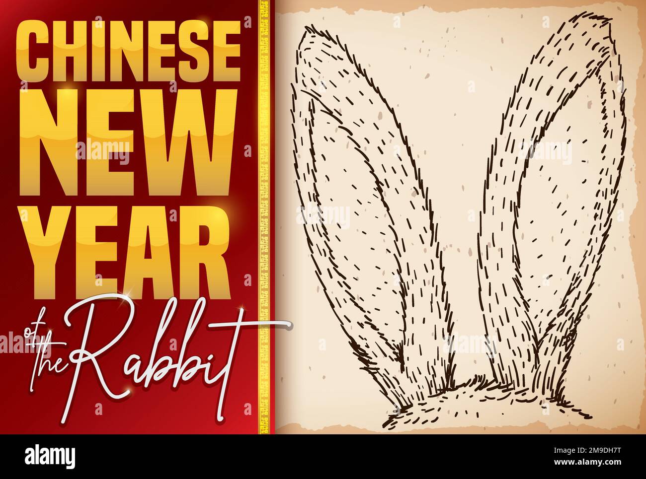 Banner with furry bunny ears in hand drawn style, and label with greeting for Chinese New Year of the Rabbit. Stock Vector