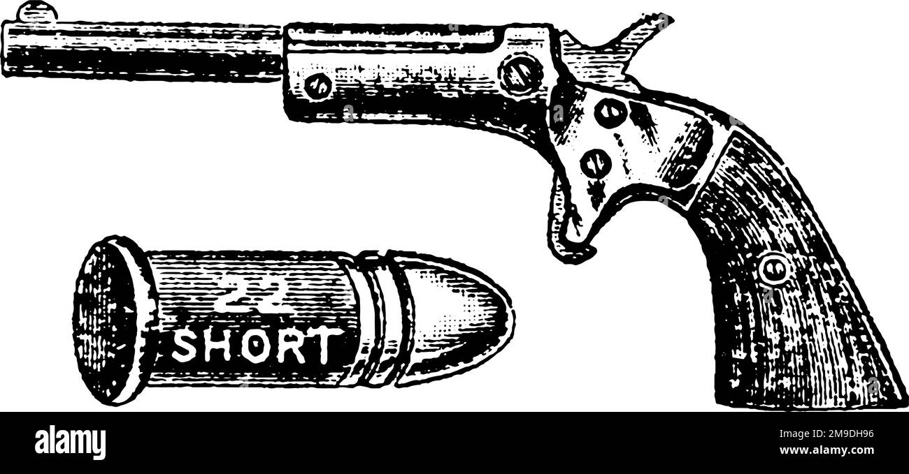 22-Caliber Tip Up Pistol, Stevens Single Shot Pistol, Vintage Engraving. Old engraved illustration of a Stevens Single Shot Pistol isolated on a white Stock Vector