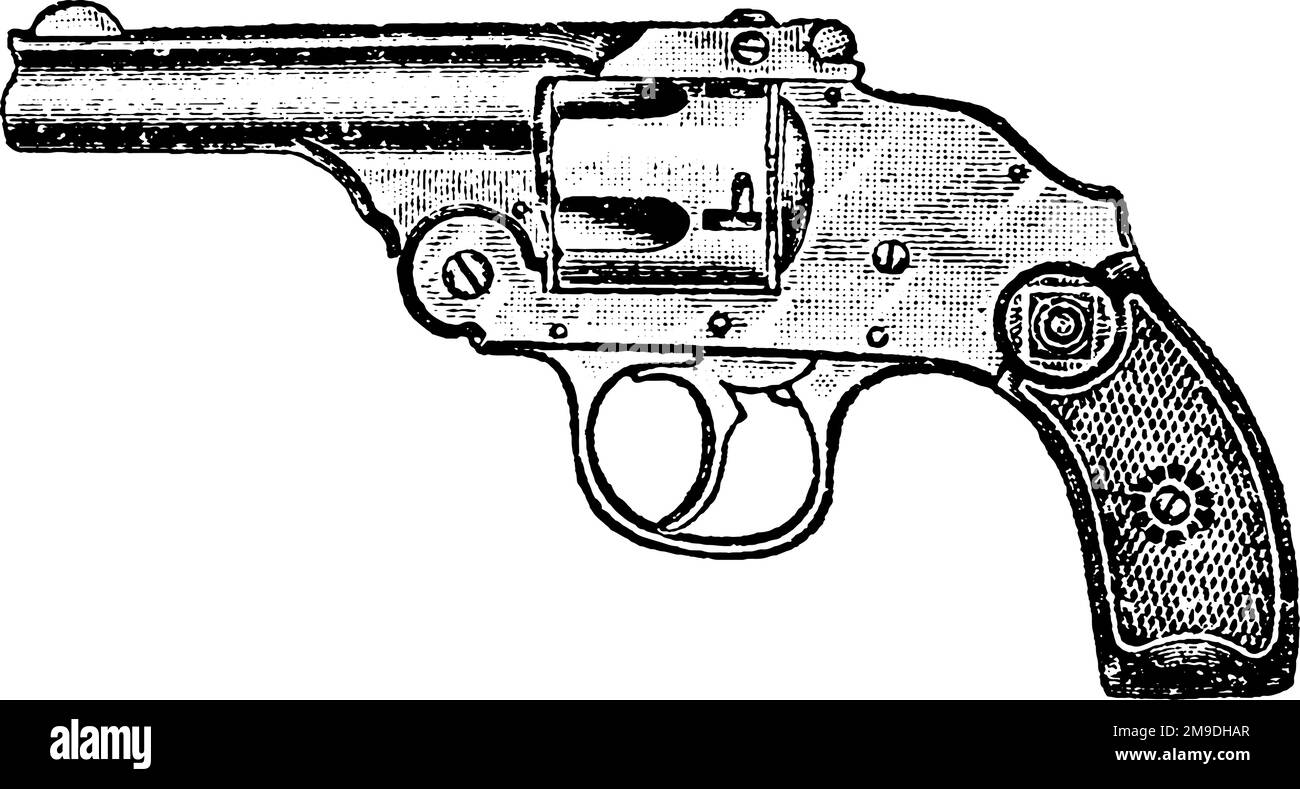 38-Caliber Hammerless Harrington and Richardson Revolver, Vintage Engraving. Old engraved illustration of a Harrington and Richardson Revolver isolate Stock Vector