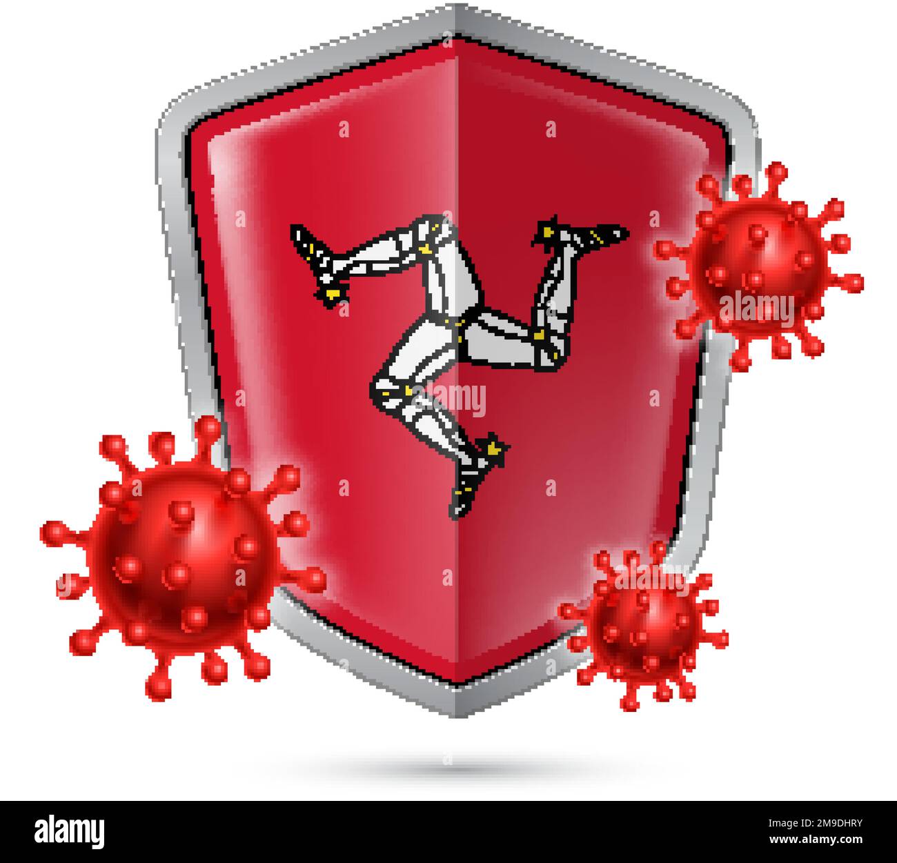 Flag of Isle of Man on Metal Shiny Shield Icon and Red Corona Virus Cells. Concept of Health Care and Safety Badge. Security Safeguard Metal Label wit Stock Vector