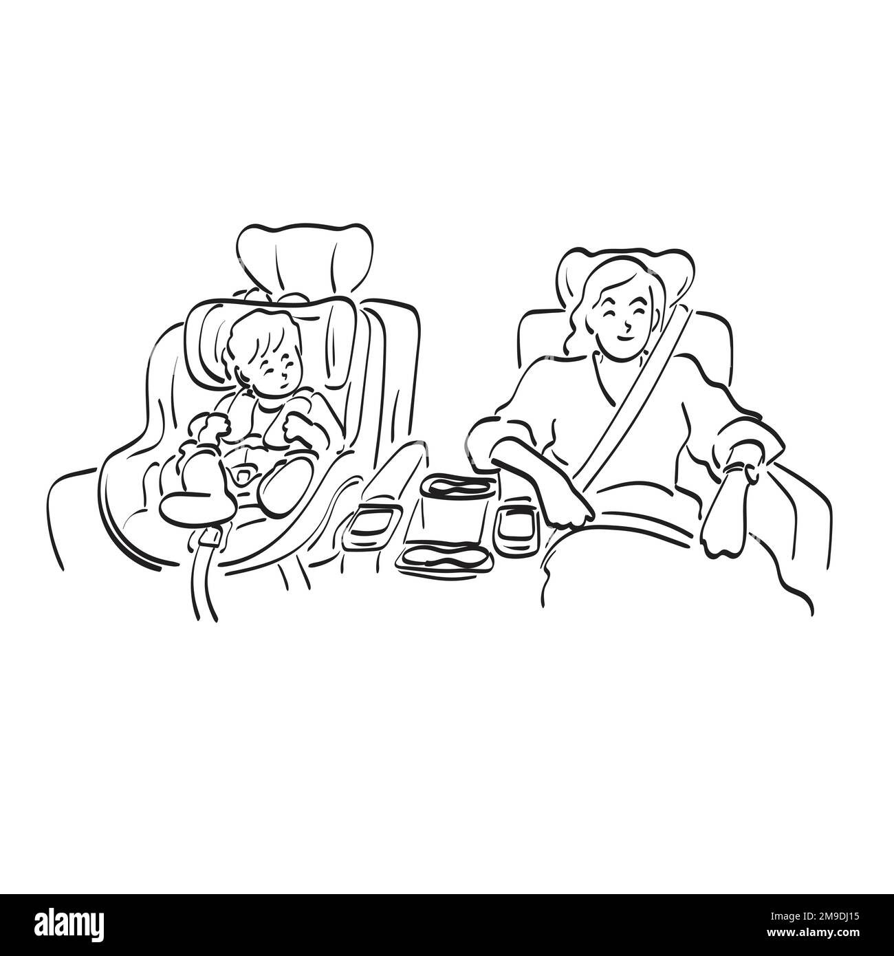 mother and baby with car seat and seat belt in car illustration vector