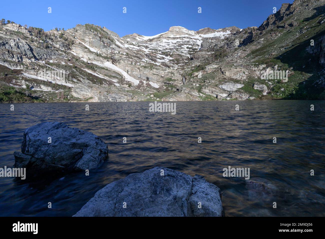 Wind blown surface of Angel Lake in the Ruby Mountains near Wells, Nevada. Stock Photo