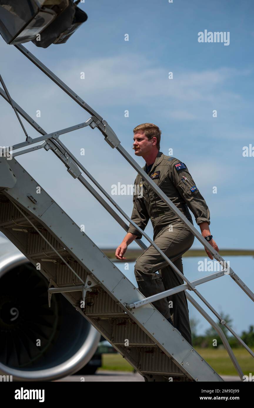 Royal Australian Air Force Flight Lt. “Beaker” Skene, No. 2 Squadron E7A Wedgetail pilot, walks
