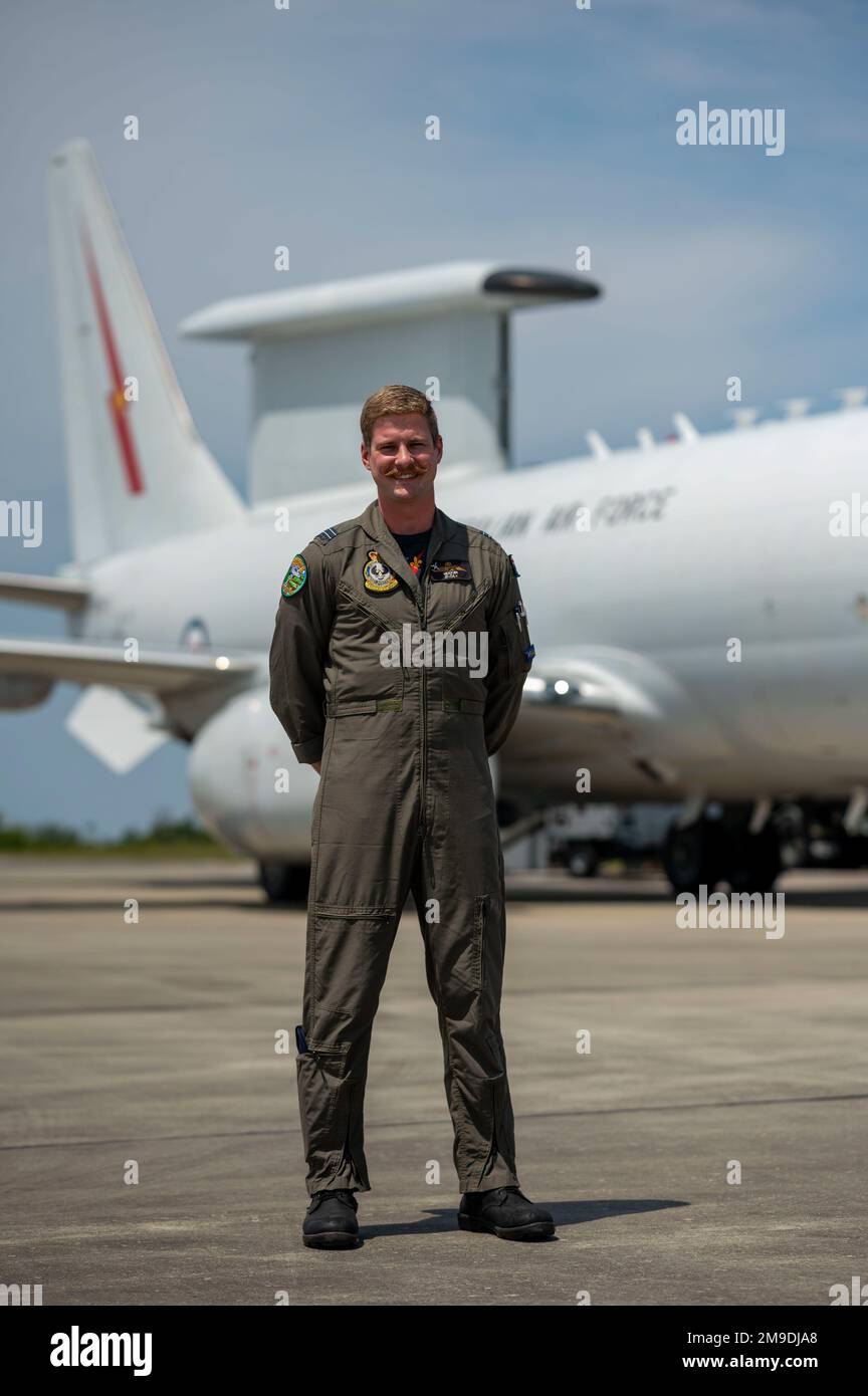 Royal Australian Air Force Flight Lt. “Beaker” Skene, No. 2 Squadron E7A Wedgetail pilot, poses