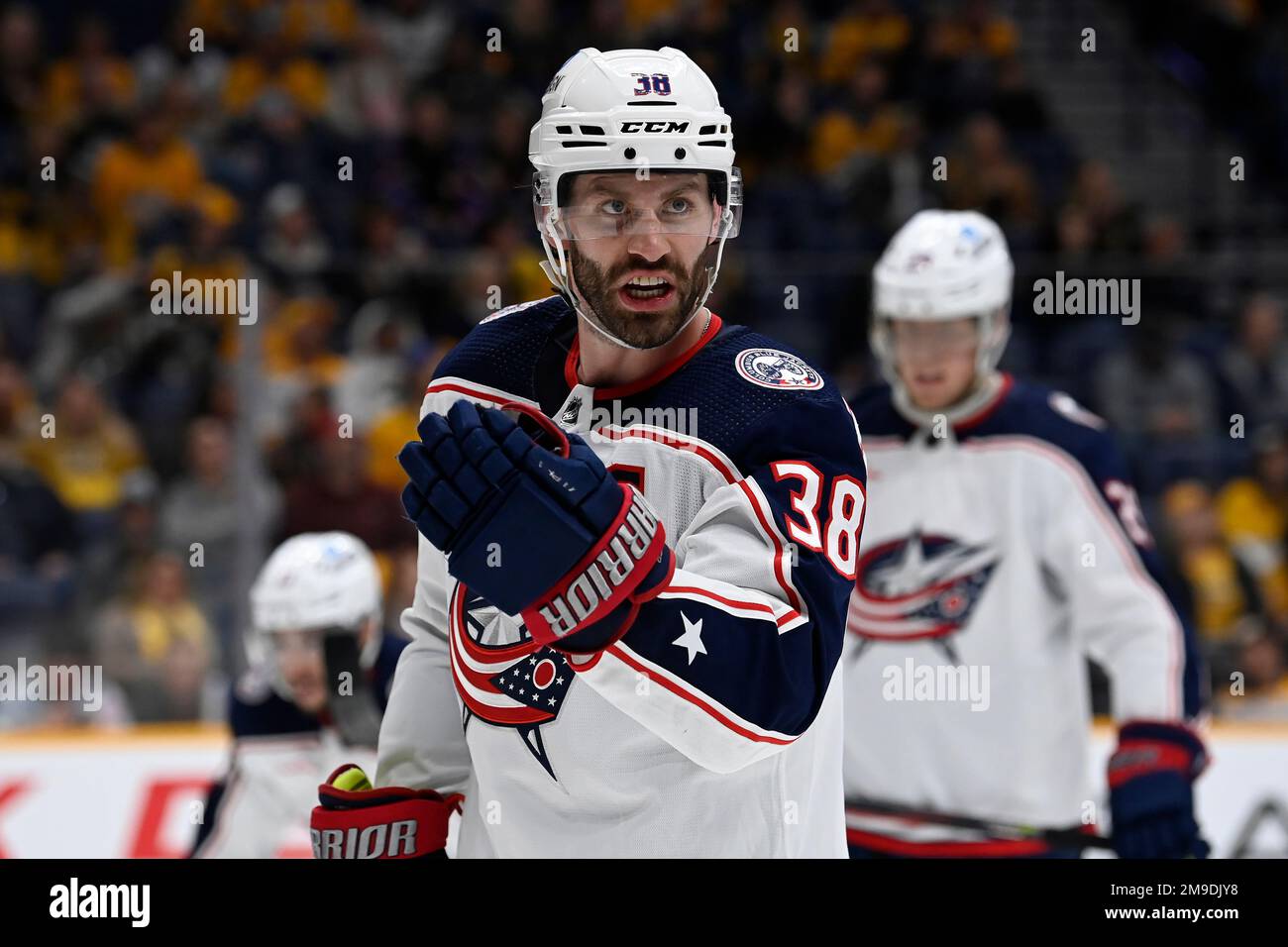 Columbus Blue Jackets center Boone Jenner (38) plays against the Nashville Predators during the third period of an NHL hockey game Tuesday, Jan