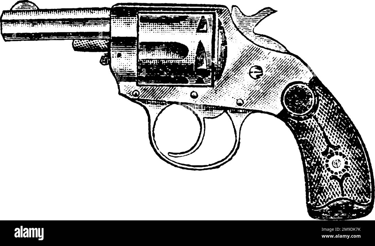 38-Caliber Double Action Hopkins and Allen Revolver, Vintage Engraving. Old engraved illustration of a Hopkins and Allen Revolver isolated on a white Stock Vector