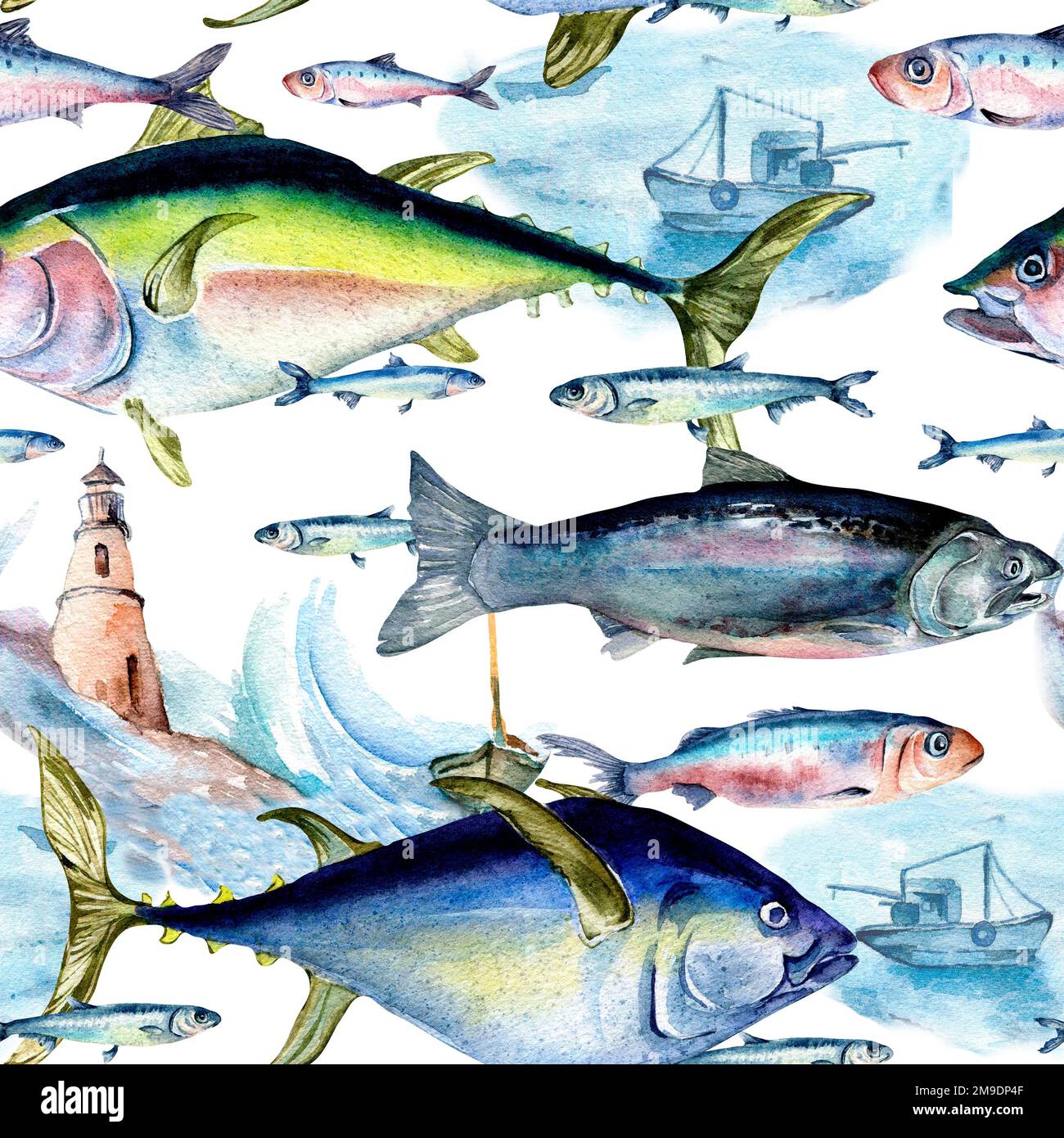 Various sea fish and seascape seamless pattern watercolor illustration ...