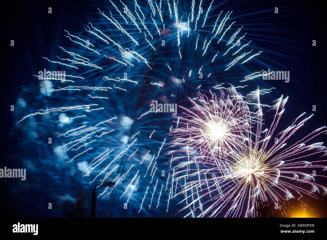 Colorful fireworks on the background night sky. The explosions of the ...