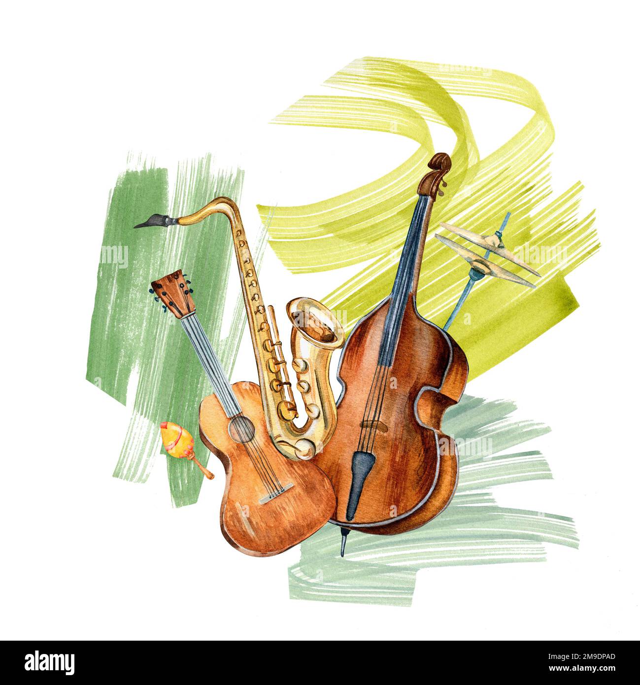 Composition of guitar, saxophone, contrabass musical instruments