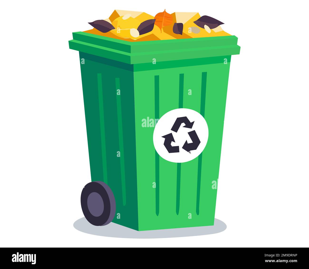 the green bin is filled to the brim with garbage. outdoor waste