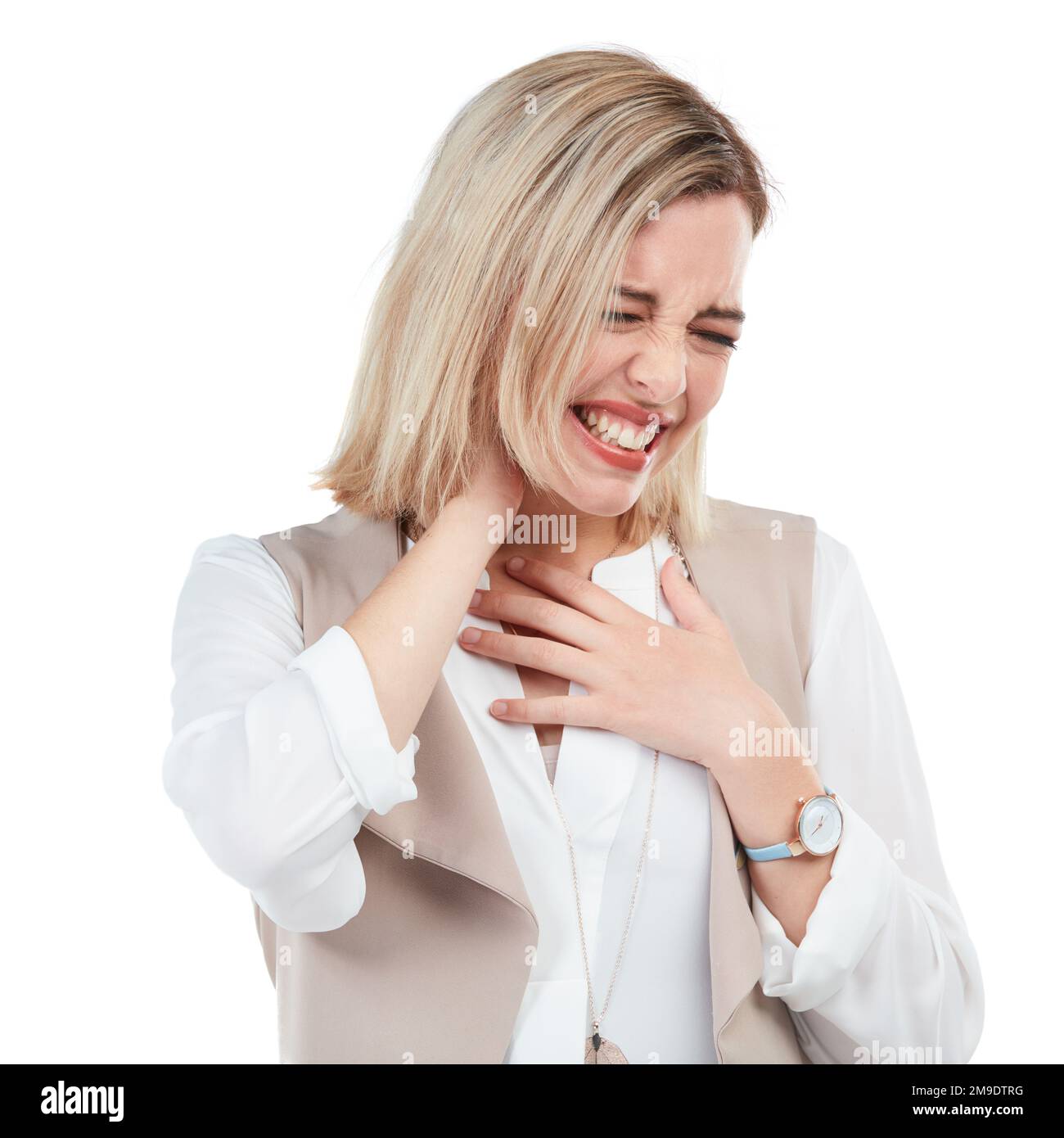 Neck pain, injury and woman in a studio with a medical emergency, muscle tension or discomfort. Stress, sore and female model with hurt or Stock Photo