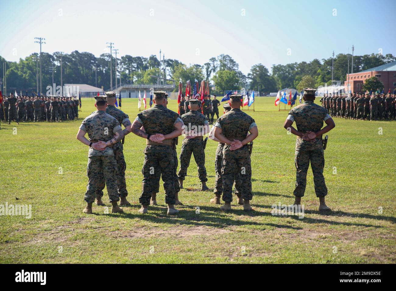 U.S. Marines with 2d Marine Division participate in a relief and appointment ceremony on Camp Lejeune, North Carolina, May 18, 2022. After 2 years serving the division, Sgt. Maj. Krause moves on to be the sergeant major for Defense Information Systems Agency. Stock Photo